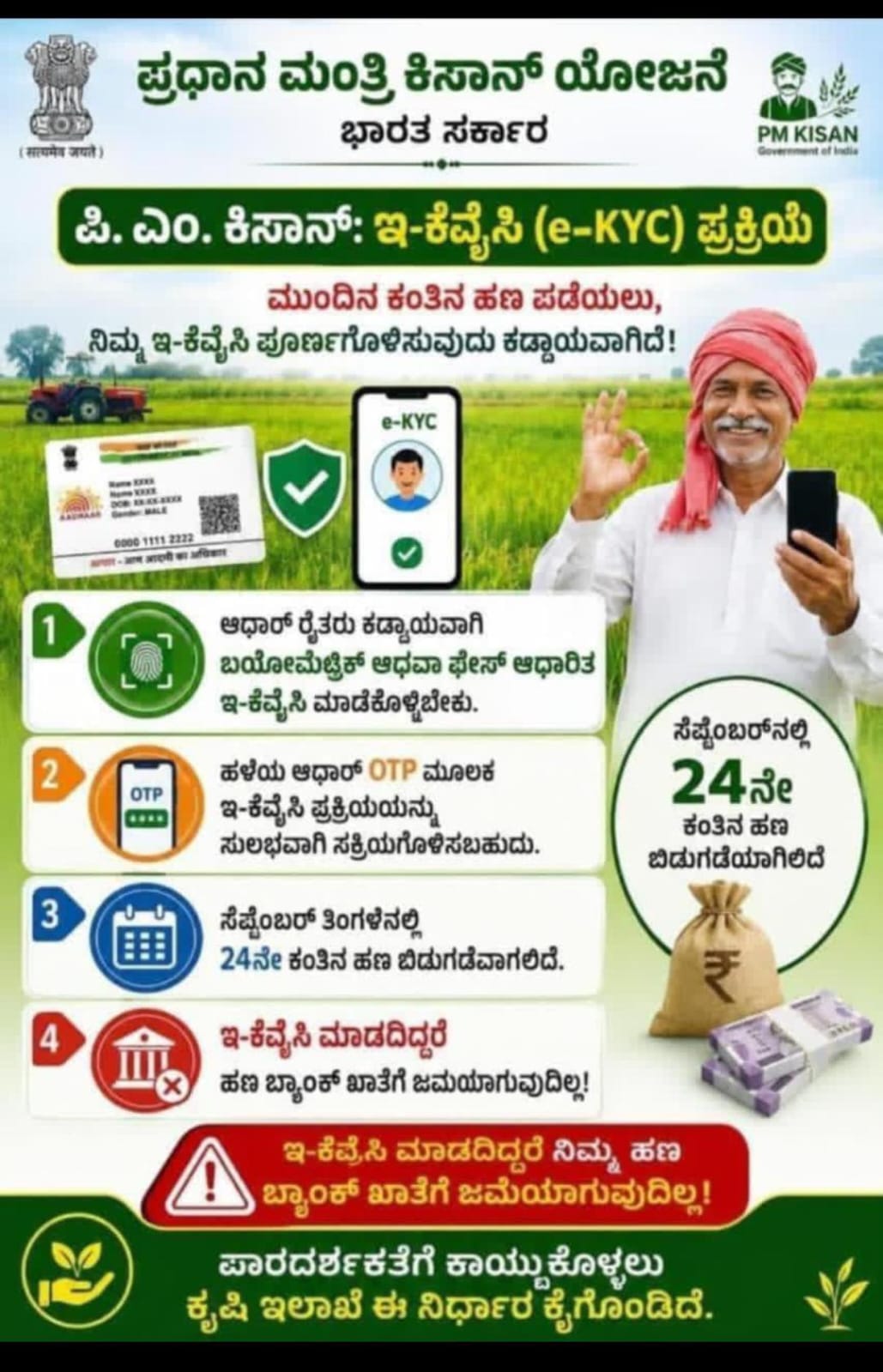 PM KISAN ( ಪಿ ಎಮ್‌ ಕಿಸಾನ ) E kyc ಮಾಡಲಾಗುವುದು